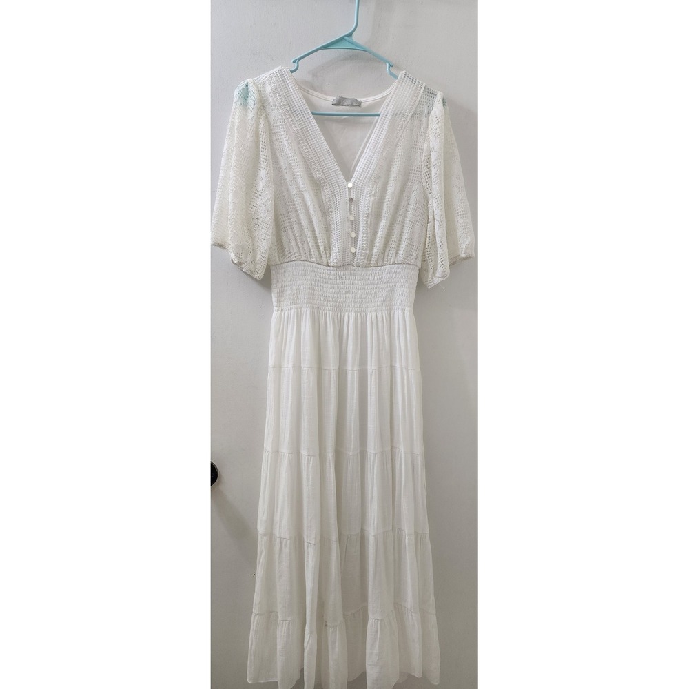 J GEE White Lace Boho Maxi Dress Smocked Waist Tiered Skirt V-Neck Short Sleeve